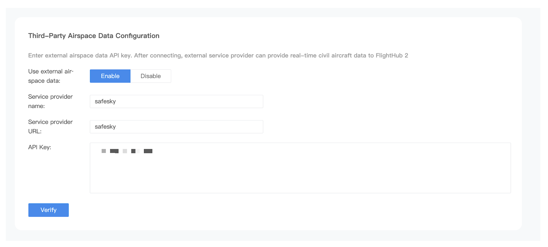 DJI FlightHub 2 Sync airspace configuration showing Enable toggle, Service Provider and URL fields set to SafeSky