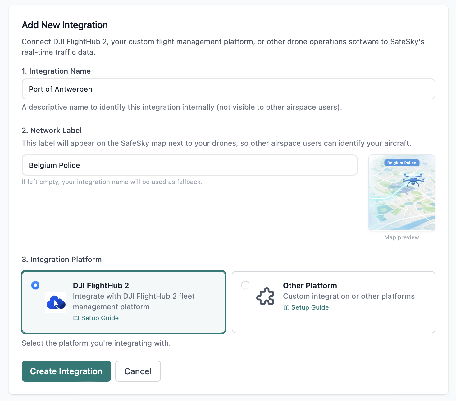 SafeSky Enterprise Dashboard showing Add Integration dialog