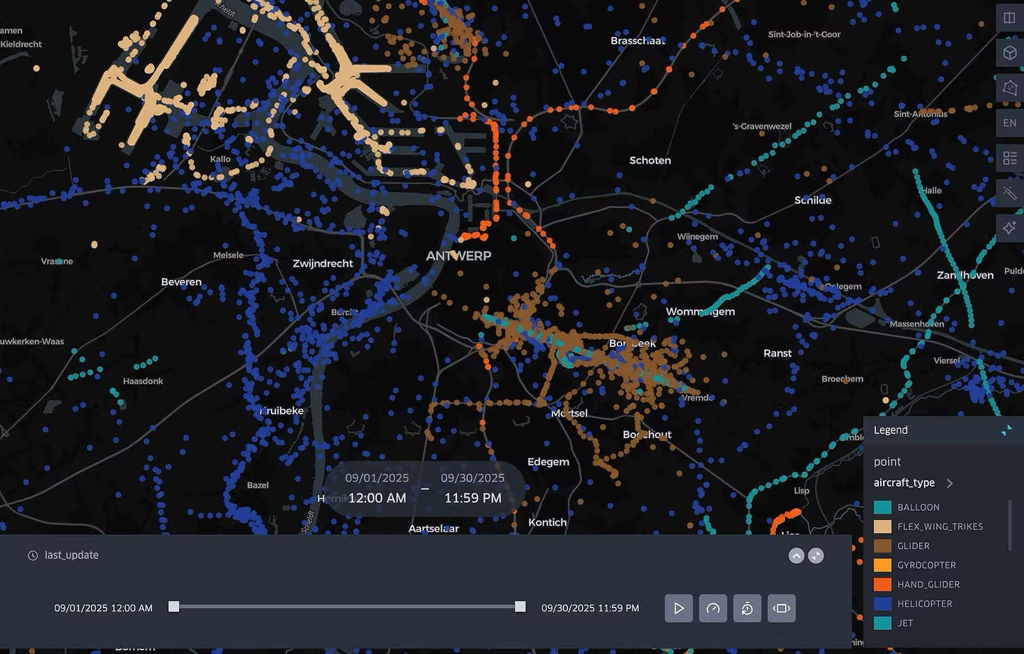 SafeSky historical traffic data visualisation showing aircraft positions around Antwerp, Belgium