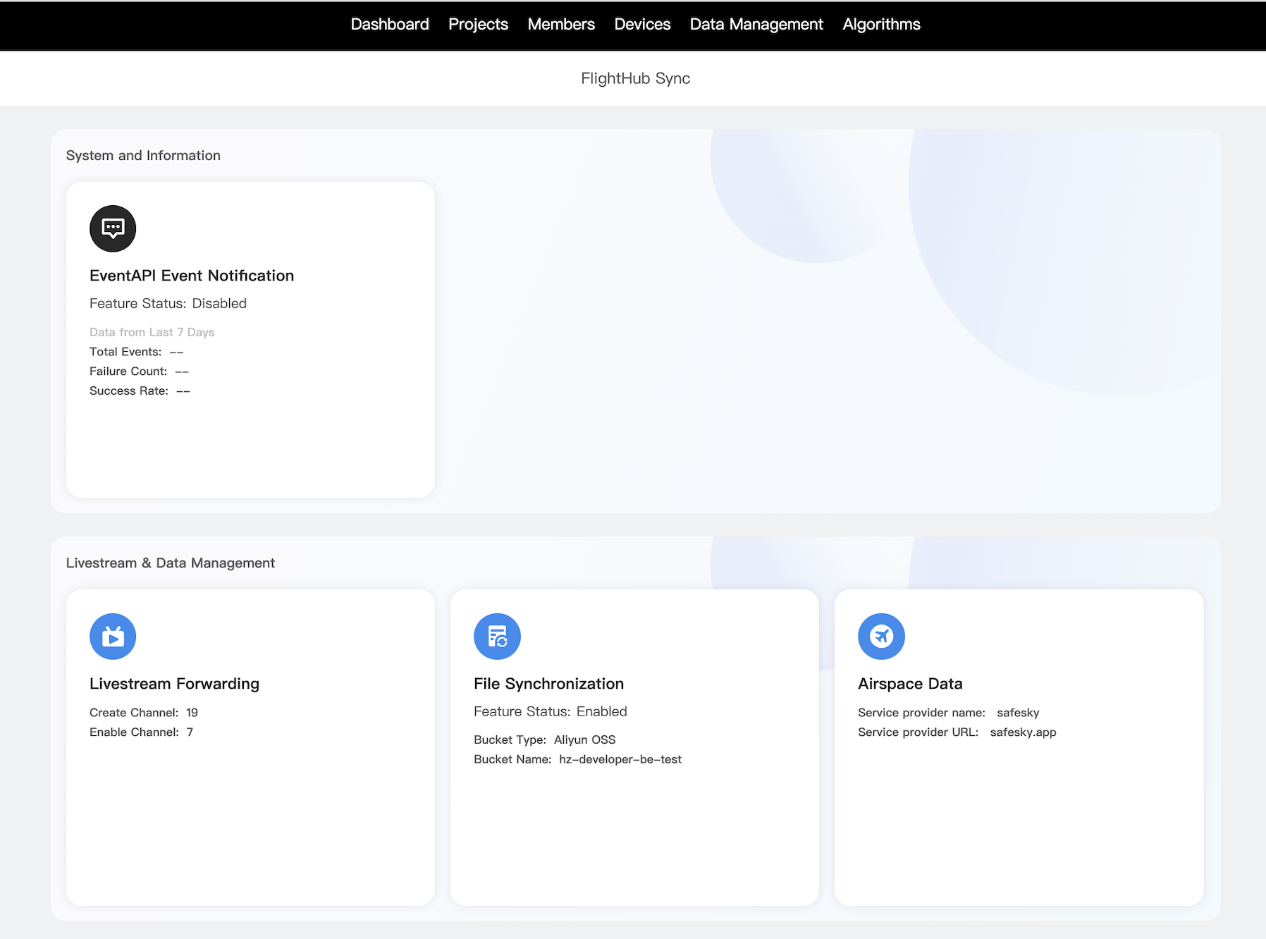 DJI FlightHub 2 Sync home page showing Airspace Data section with plus button
